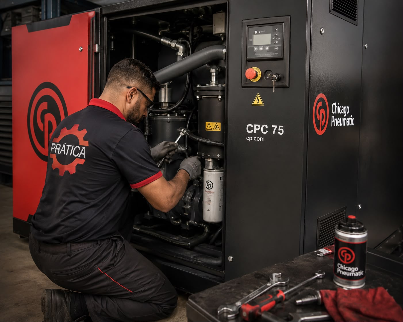 Técnico da Prática Compressores fazendo manutenção em um compressor de parafuso Chicago Pneumatic CPC 75